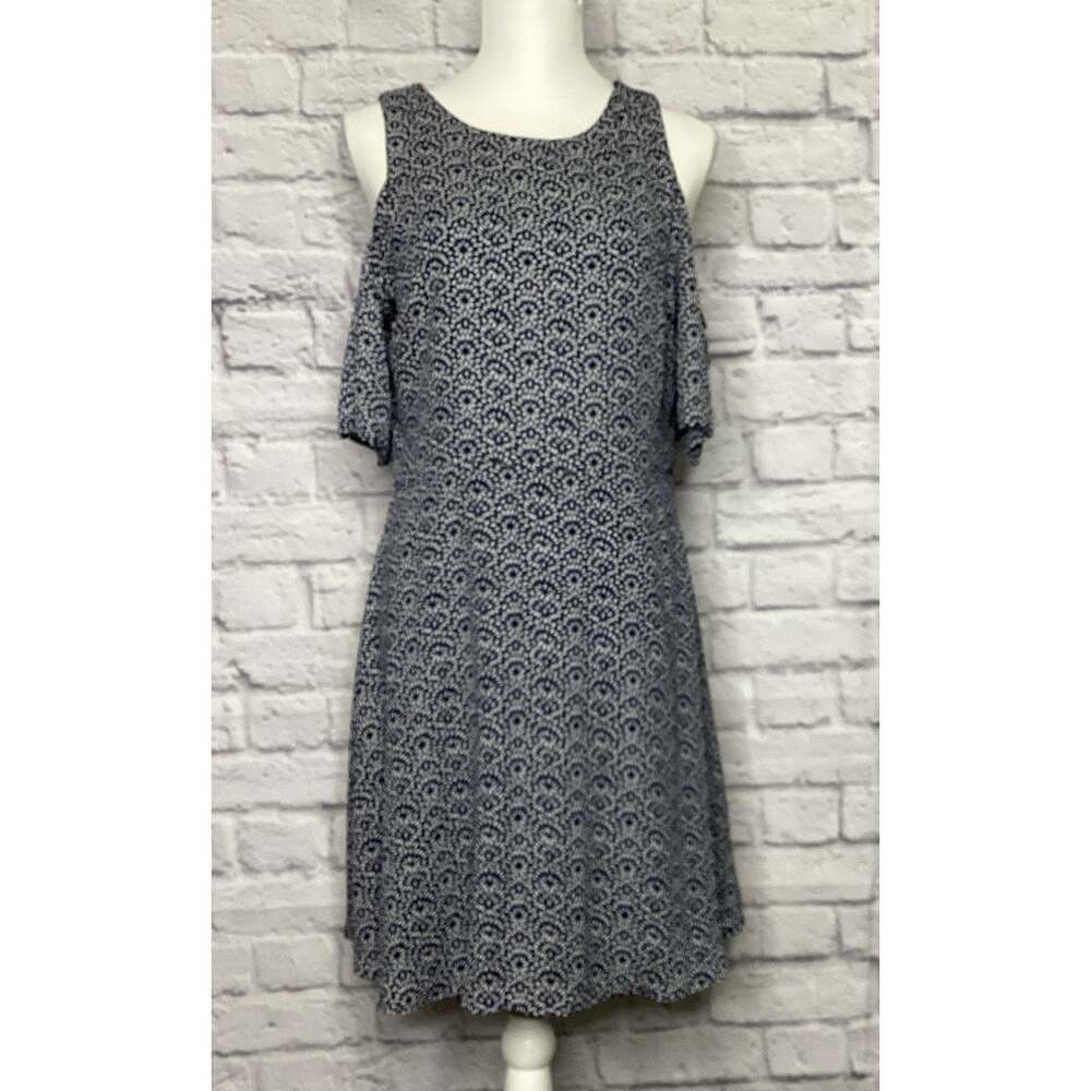 Banana Republic Size 8 Navy Blue & White Print Cold Shoulder Fit & Flare Dress